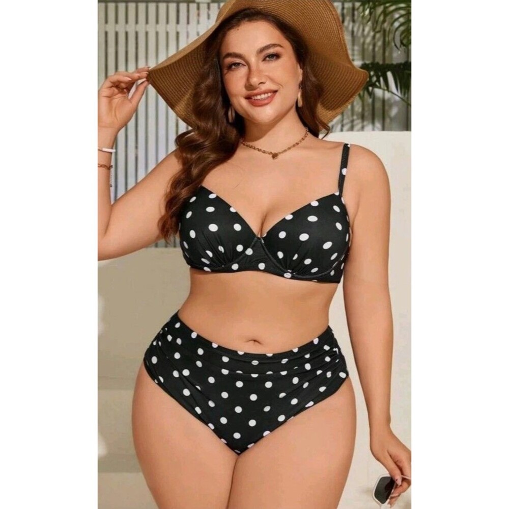 Women 2XL Black W/White Polka Dots Swim Top Bikini Bottoms Swimwear XXL 16 NWOT